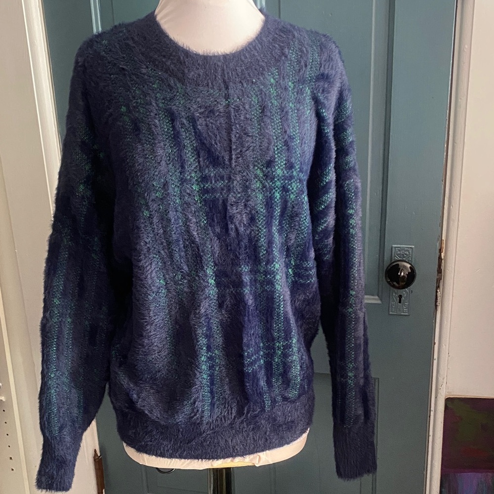 Time and Tru Fuzzy Blue and Green Sweater